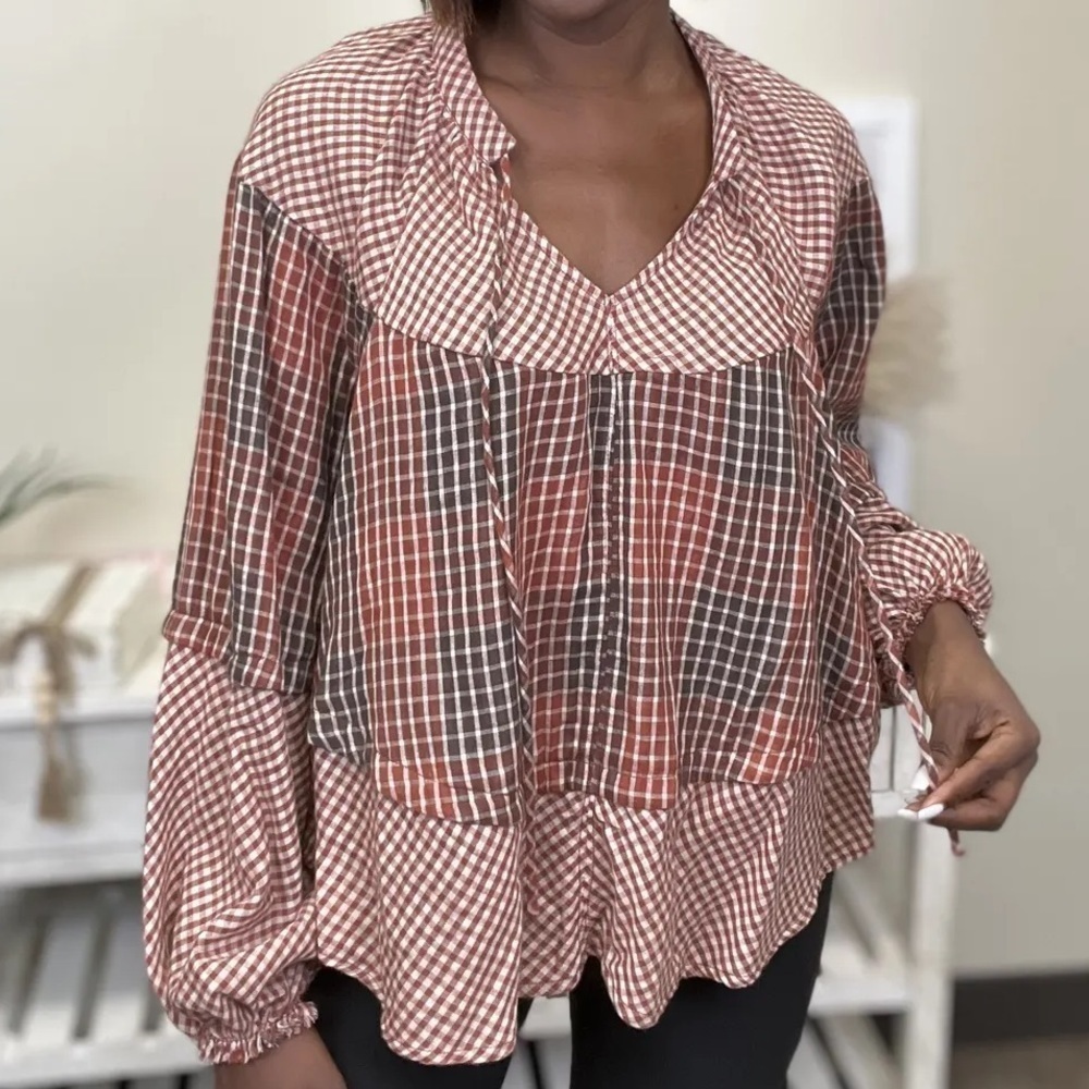 Oli & Hali Glory to the Day Plaid Peasant Dolman Boho Top Size Small